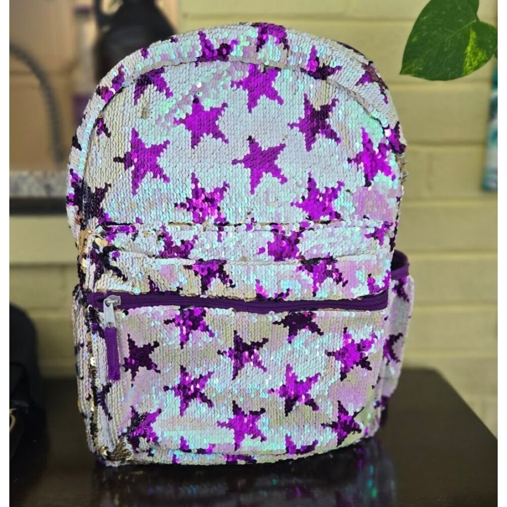 Magic Sequin Backpack 16" Silver Purple Star Pattern Flips To Gold Black